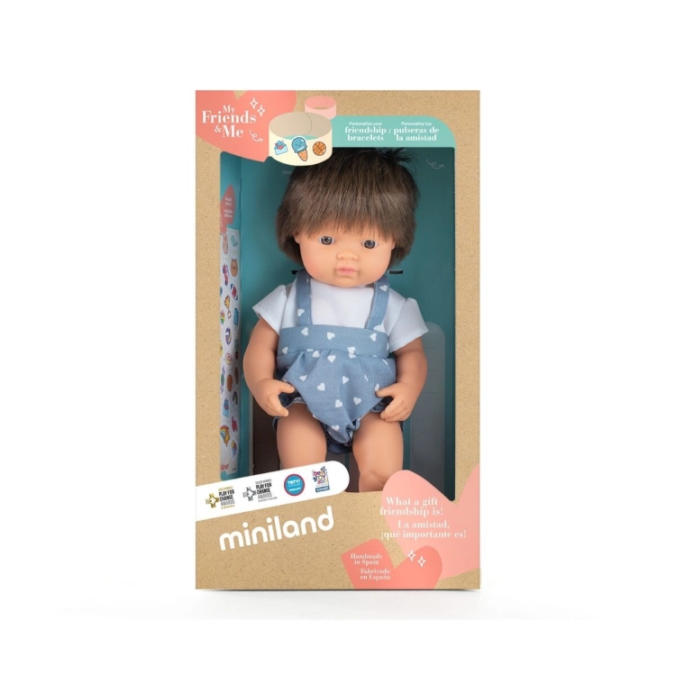 Lalka chłopiec z brązowymi włosami Miniland My Friends & Me 38 cm w oryginalnym pudełku z okienkiem