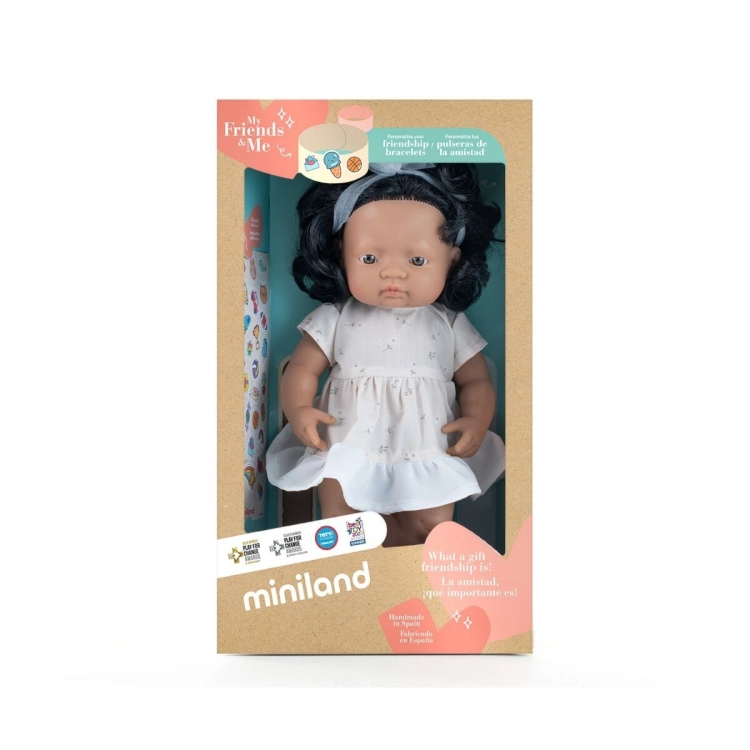 Lalka dziewczynka z czarnymi włosami Miniland My Friends & Me 38 cm w oryginalnym pudełku z okienkiem