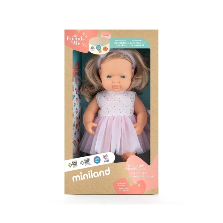 Lalka dziewczynka z ciemnymi blond włosami Miniland My Friends & Me 38 cm w oryginalnym pudełku z okienkiem