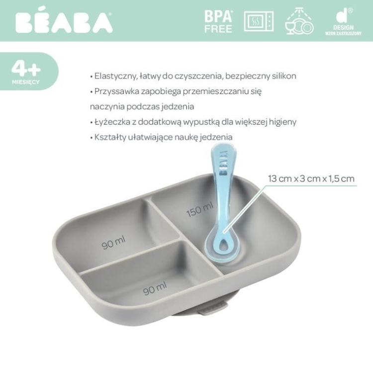 Talerzyk z Przyssawką Silikonowy dla Niemowlaka Trójdzielny Beaba Grey Szary