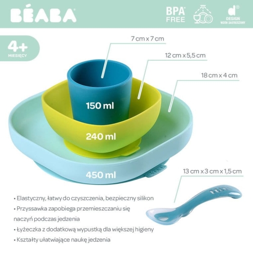 Naczynia dla Niemowląt Silikonowe Zestaw Beaba Blue Niebieski Wymiary